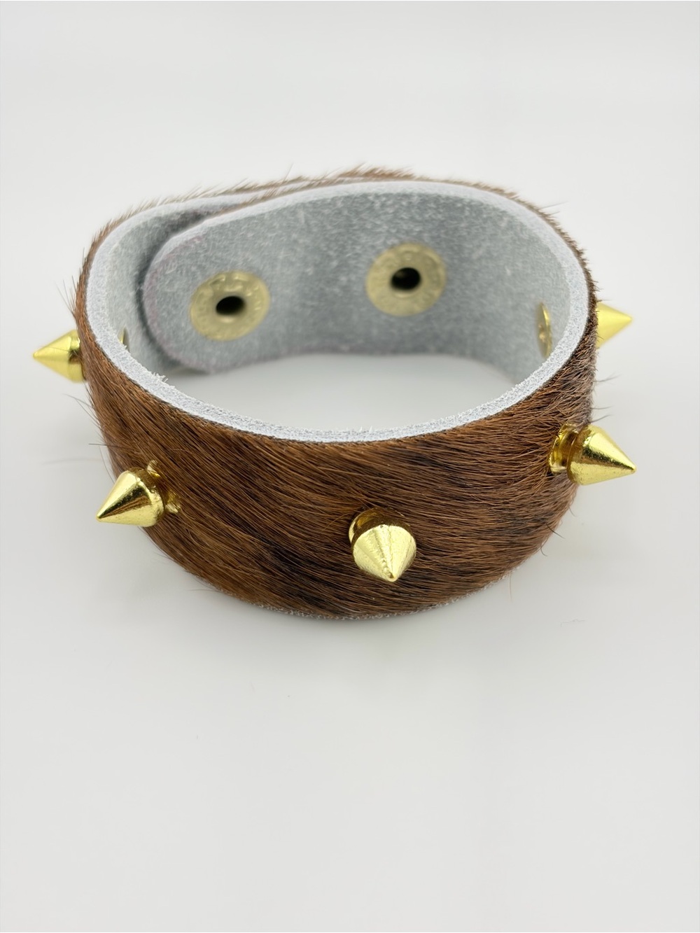 Cowhide Brown Spike Bracelet with Gold Studs